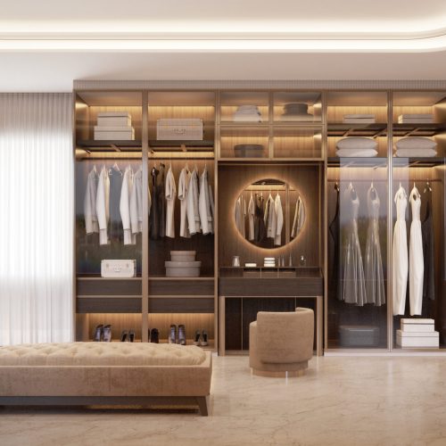 Panorama of luxury walk in closet interior with wood and gold elements.3d rendering